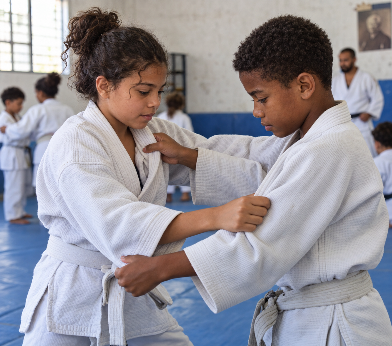 Duas crianças praticando judô durante uma aula