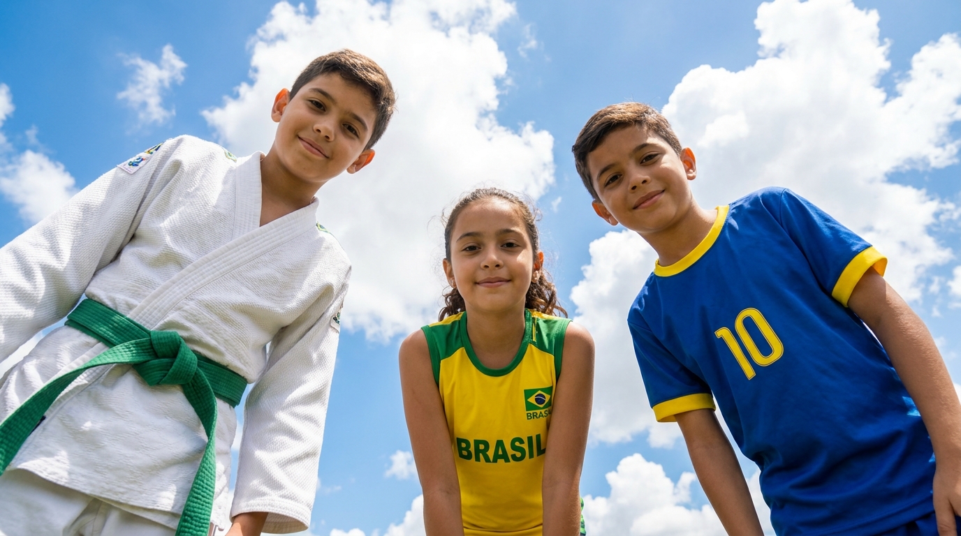 Crianças sorrindo com uniformes esportivos sob céu azul de nuvens