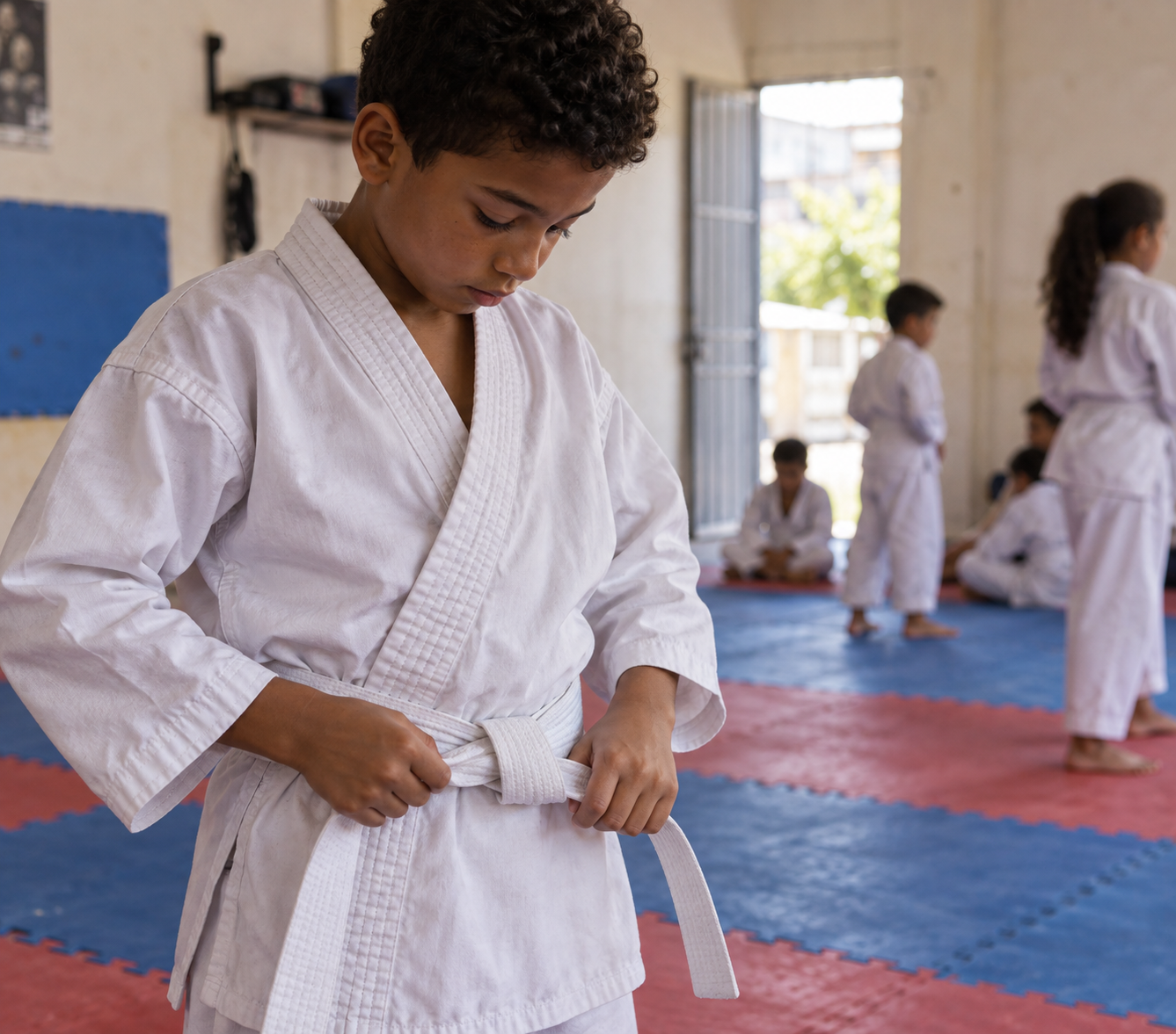 Criança ajustando a faixa antes de uma aula de karatê