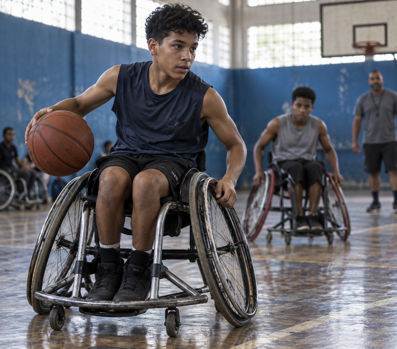 Jovem atleta conduzindo a bola em uma partida de basquete adaptado