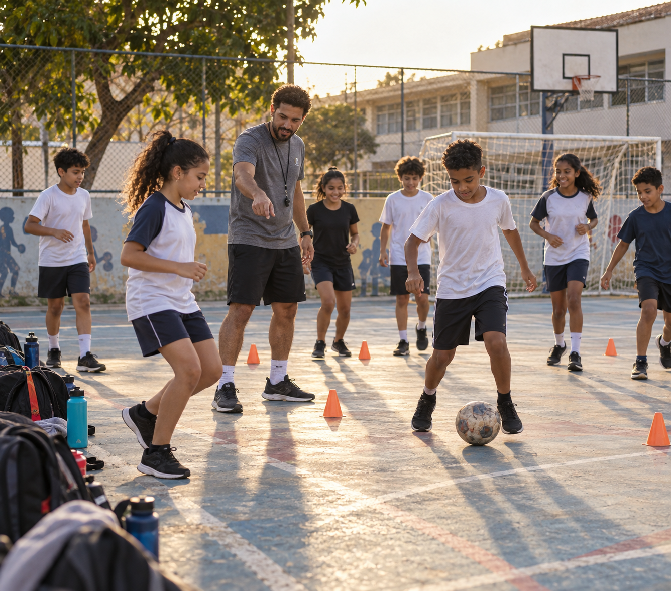 Educador conduzindo uma atividade de futebol com crianças